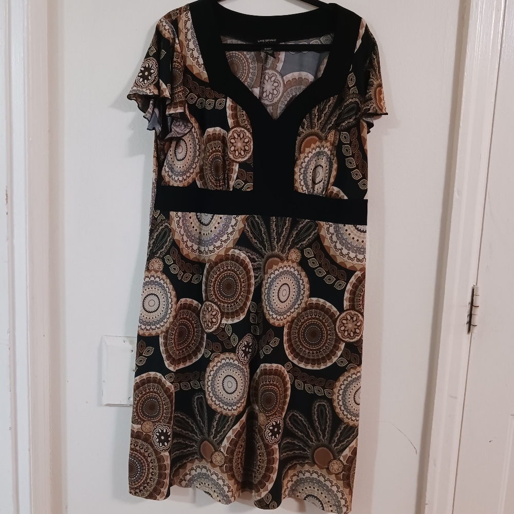 Lane Bryant Dress Brown Tones Midi V Neck Shirt Sleeve Stretch 18/20w